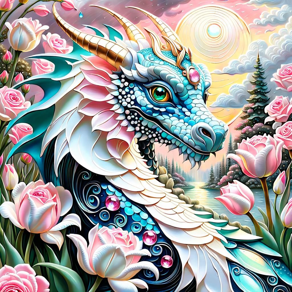 Bejeweled Draconid in Divine Golden Light as Oil Painting