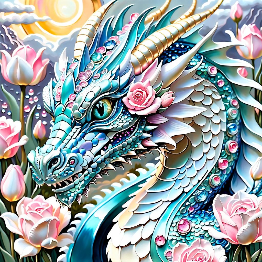 Dragon in Floral Orb, Oil Painting