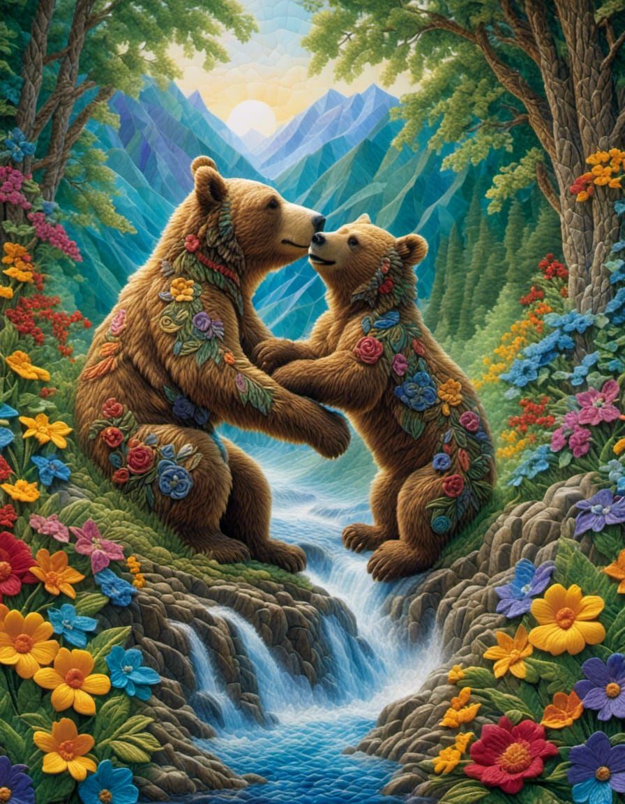 Bear Cubs Playing with Colorful Texture