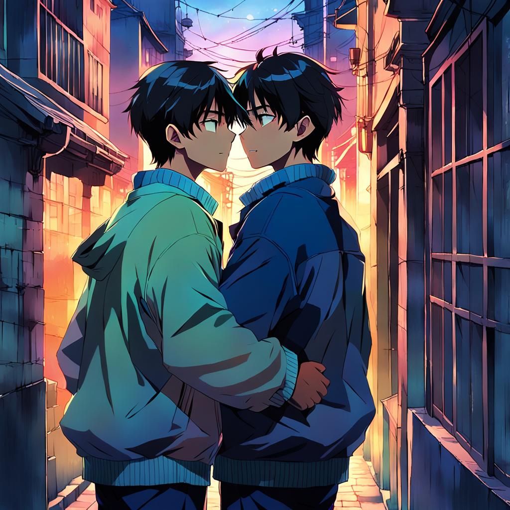 Anime Key Visual: Men Embracing in Alleyway