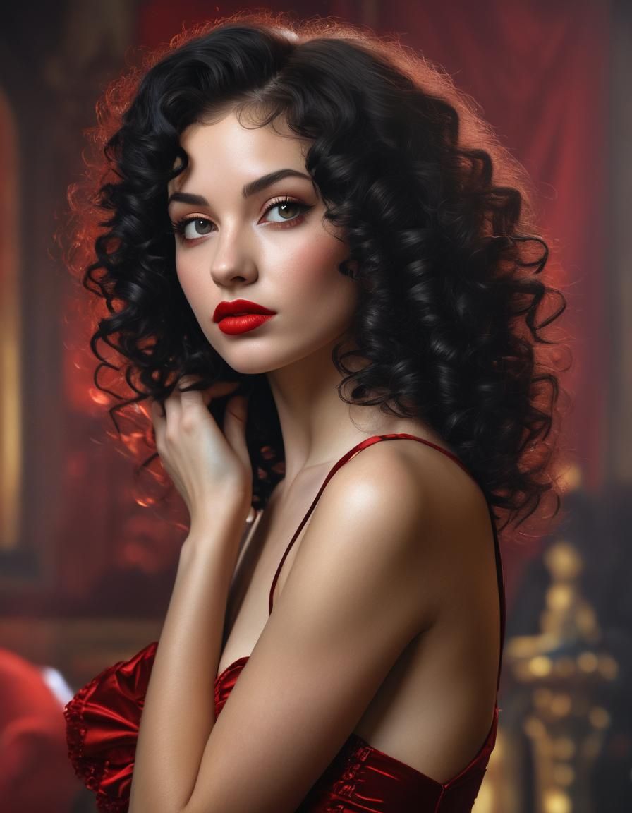 Burlesque Beauty in Red Dress, Paris Backdrop