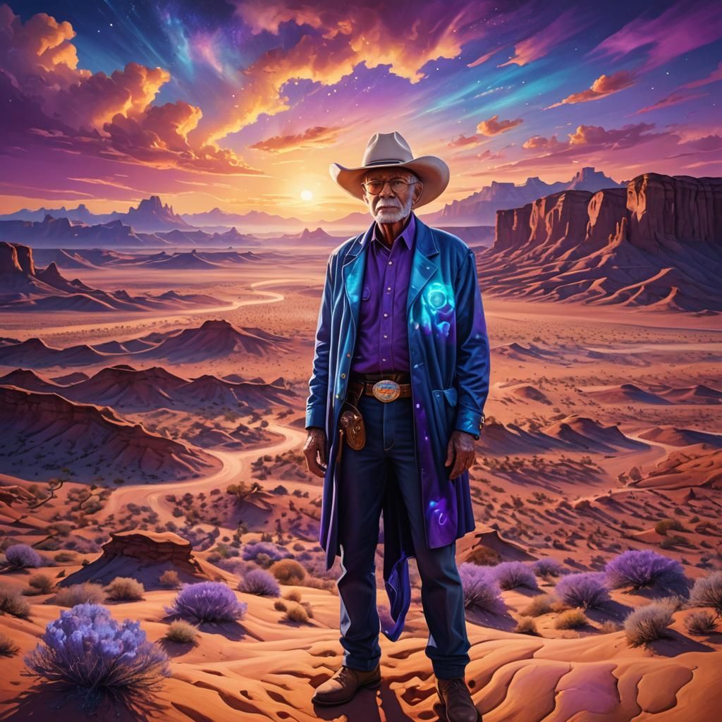 Surreal Cowboy in Mystical Desert Landscape