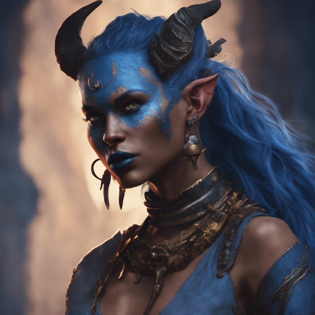 Blue Tiefling Barbarian Portrait in Detailed Fantasy Art