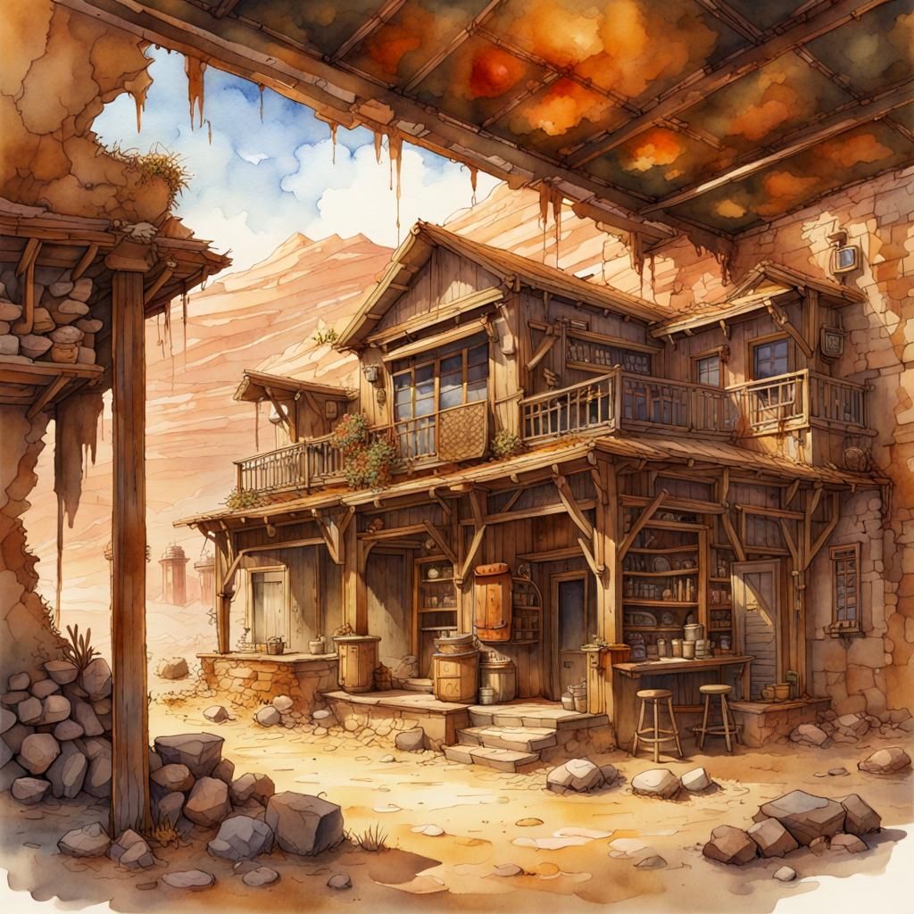 Solarpunk Tavern Ruins: Watercolor Desert Oasis