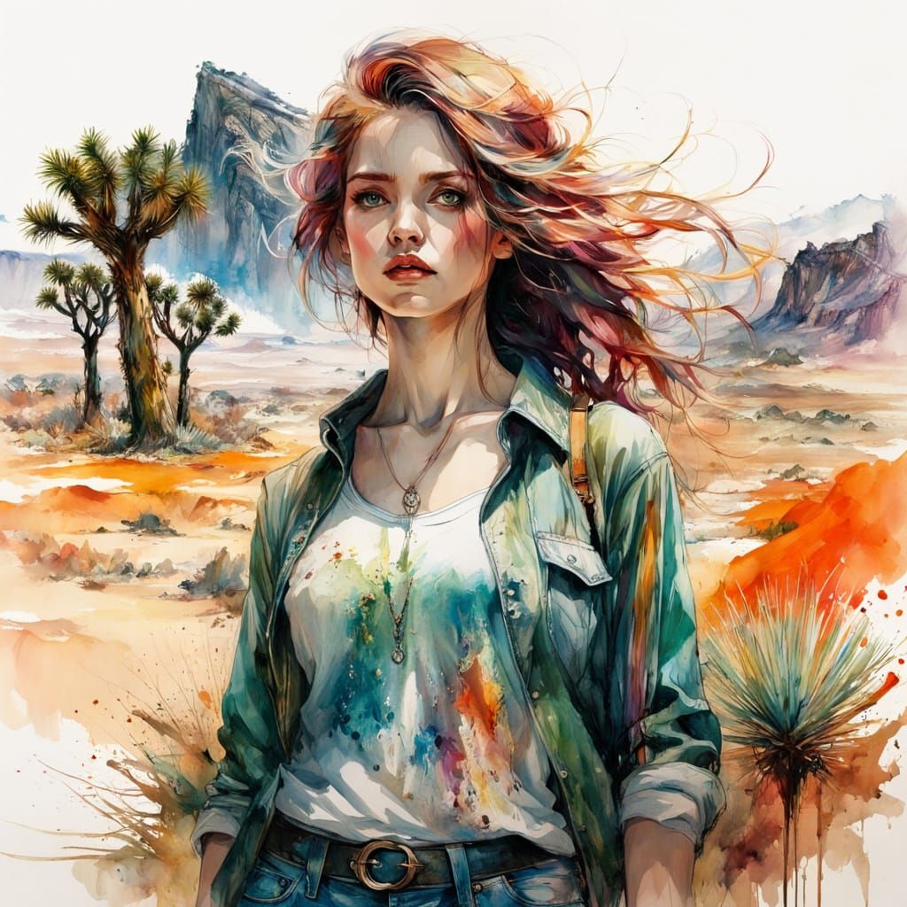 Curvy Woman in Desert, Digital Watercolor Illustration