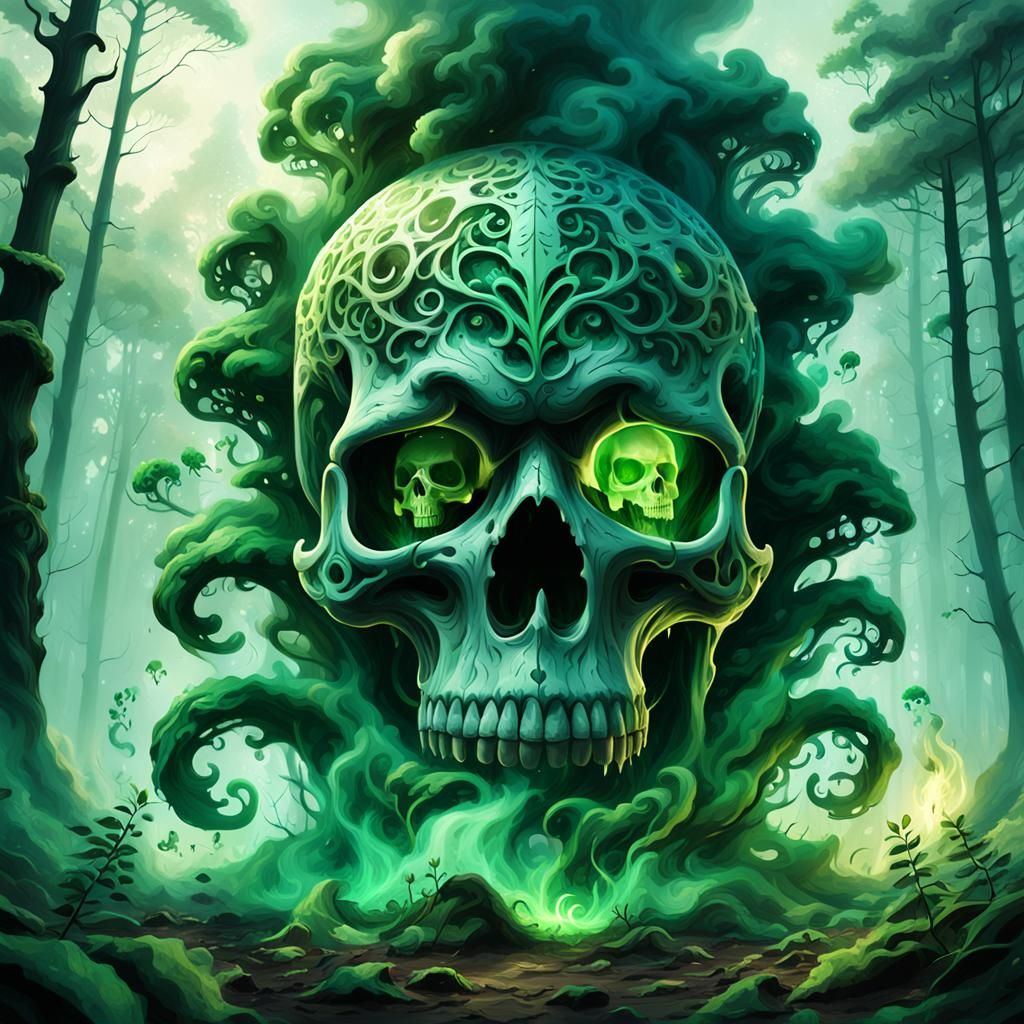 Ethereal Skull of Swirling Smoke in Mystic Forest