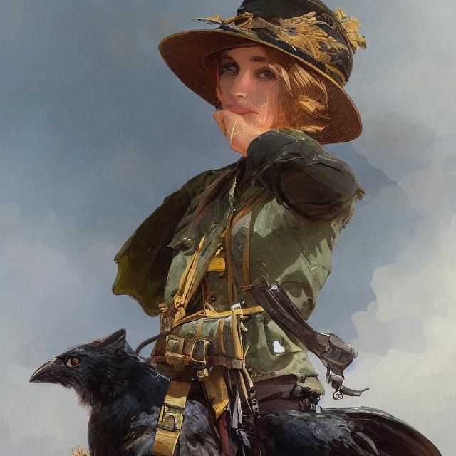 WWI Witch Portrait with Cat and Raven