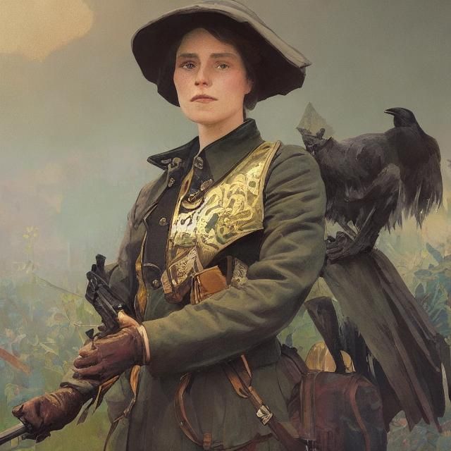WWI Witch with Cat and Raven: Digital Art Portrait