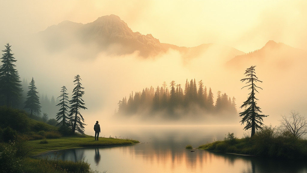 Misty Mountain Lake: A Hyperrealistic Color Charcoal Drawing