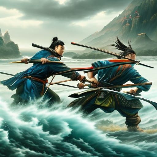 Epic Samurai Battle on Raging River, in Anime Style