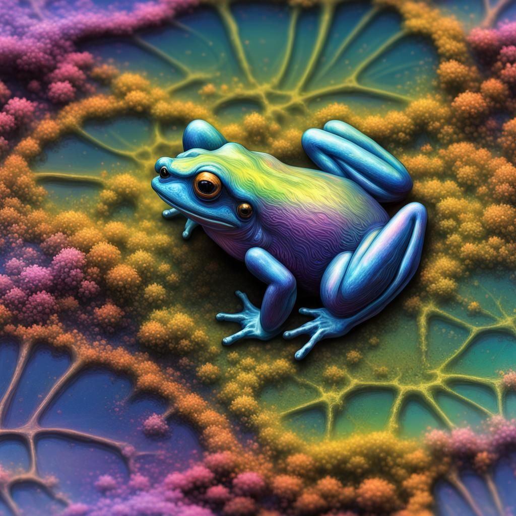 Rainbow Frog in Moonlit Pond: Iridescent Shimmer