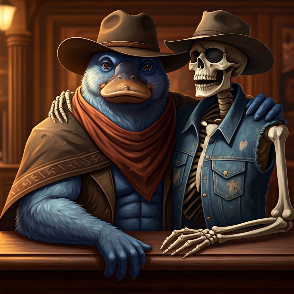 Anthropomorphic Platypus and Skeleton at Saloon Bar