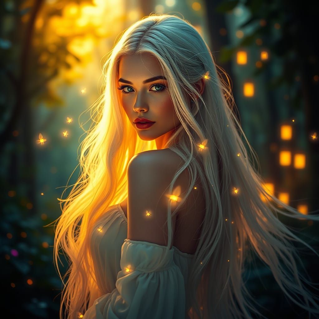 Mystical Woman in Vibrant Forest, Iridescent Hues and Golden...