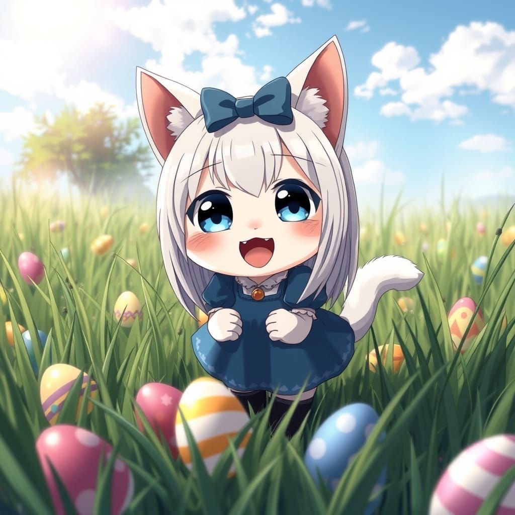 Adorable Anime Catgirl Hunts Easter Eggs in a Field of Tall ...