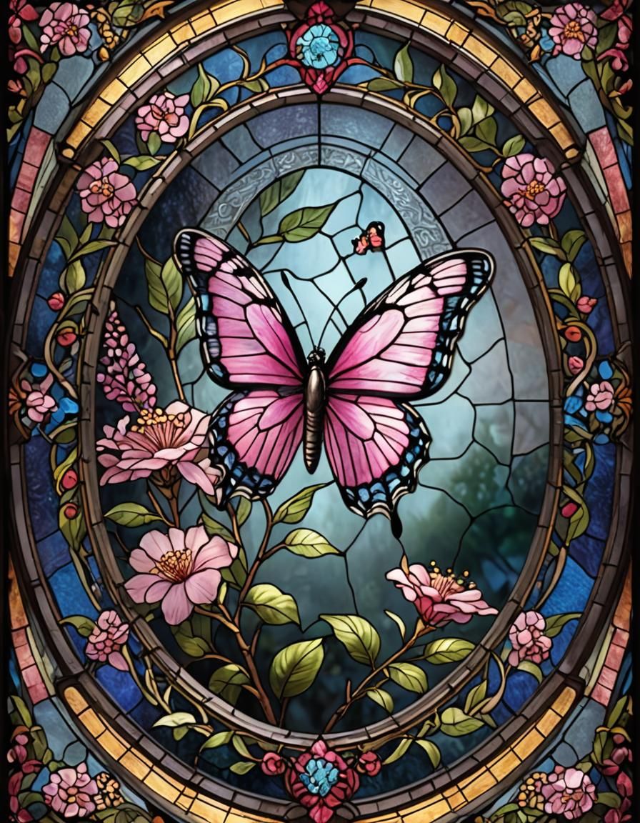 Stained Glass Art: Pink Butterfly Bush Flower