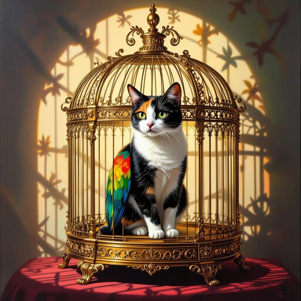 Surreal Calico Cat-Bird Hybrid in Ornate Gilded Cage