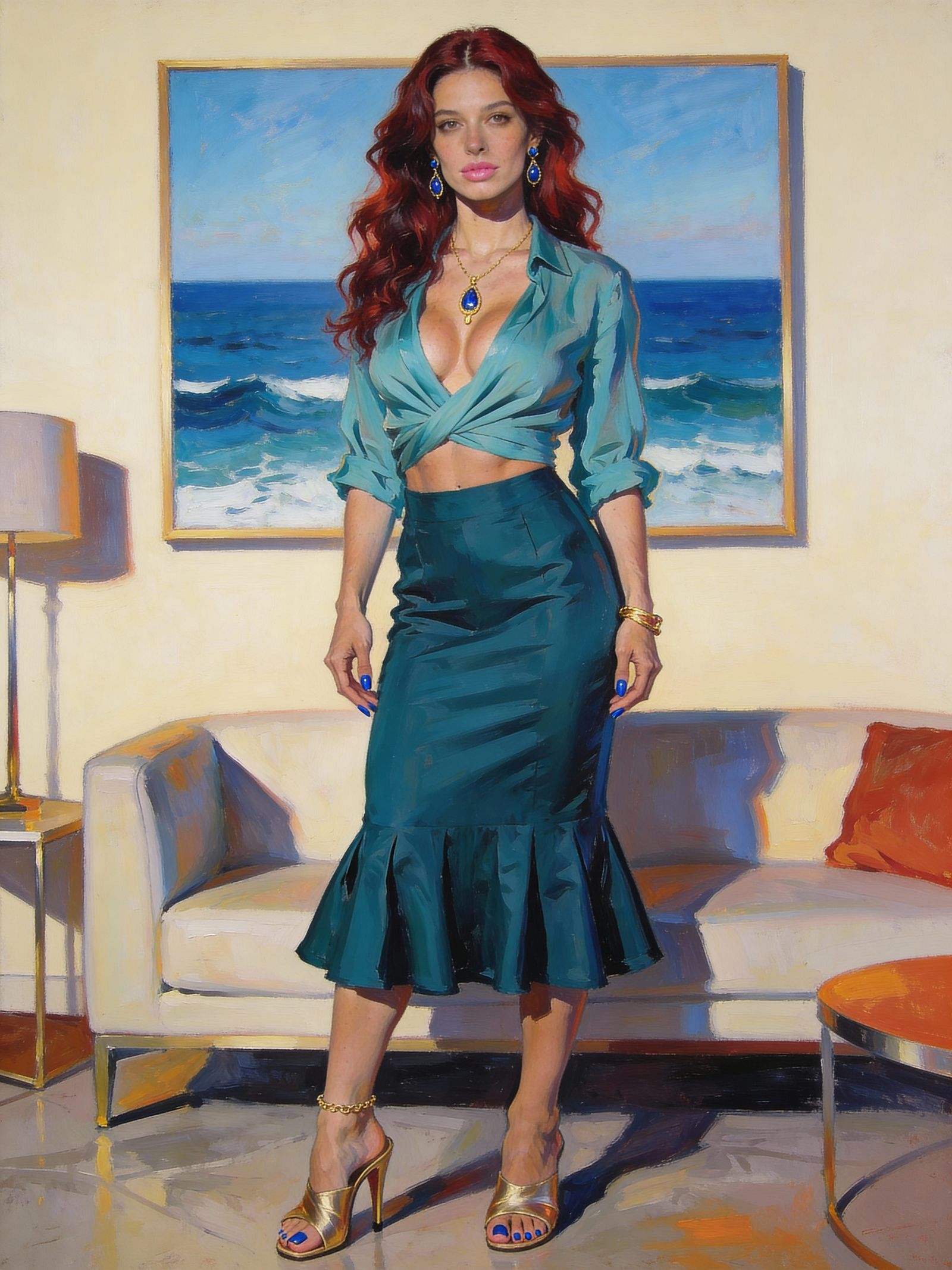 Elegant Woman in Teal Skirt, Acrylic Impasto