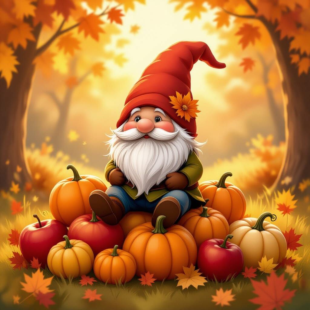 Magical Autumn Gnome in Golden Hour Light