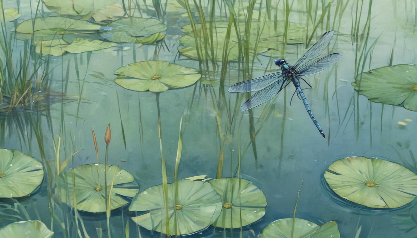 Dragonfly and Frog in Marsh: Line Illustration