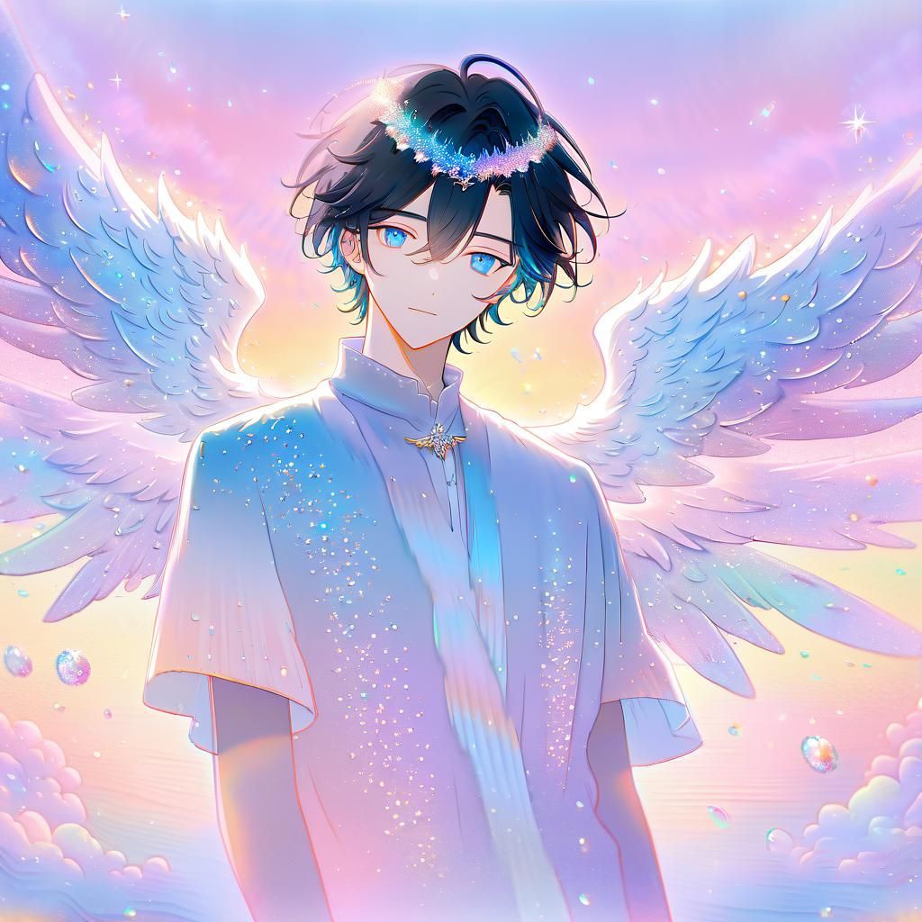 Whimsical Anime Boy in Dreamy Watercolor Landscape