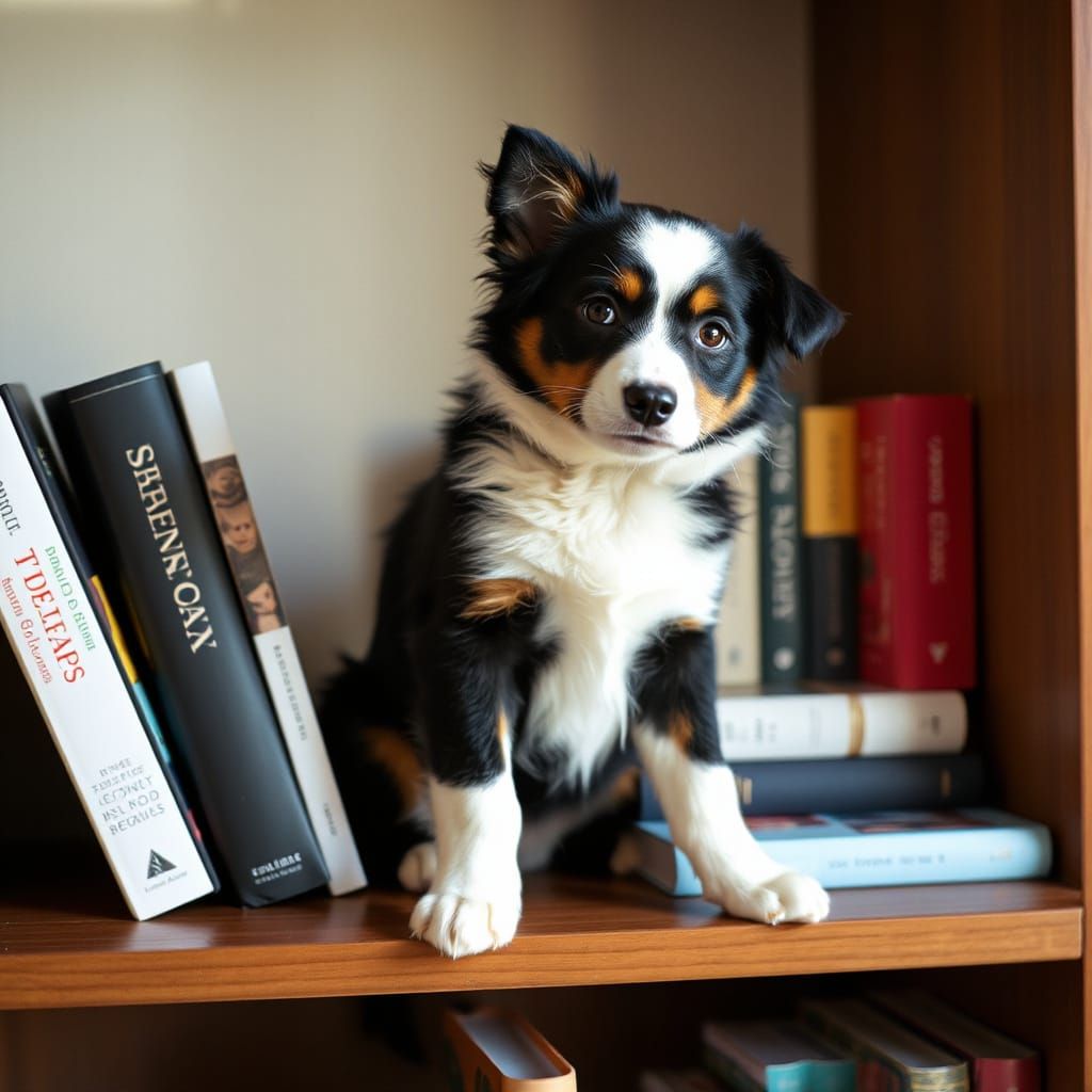 Border Collie Puppy Sits on Bookshelf, Pretending to Be a Ca...
