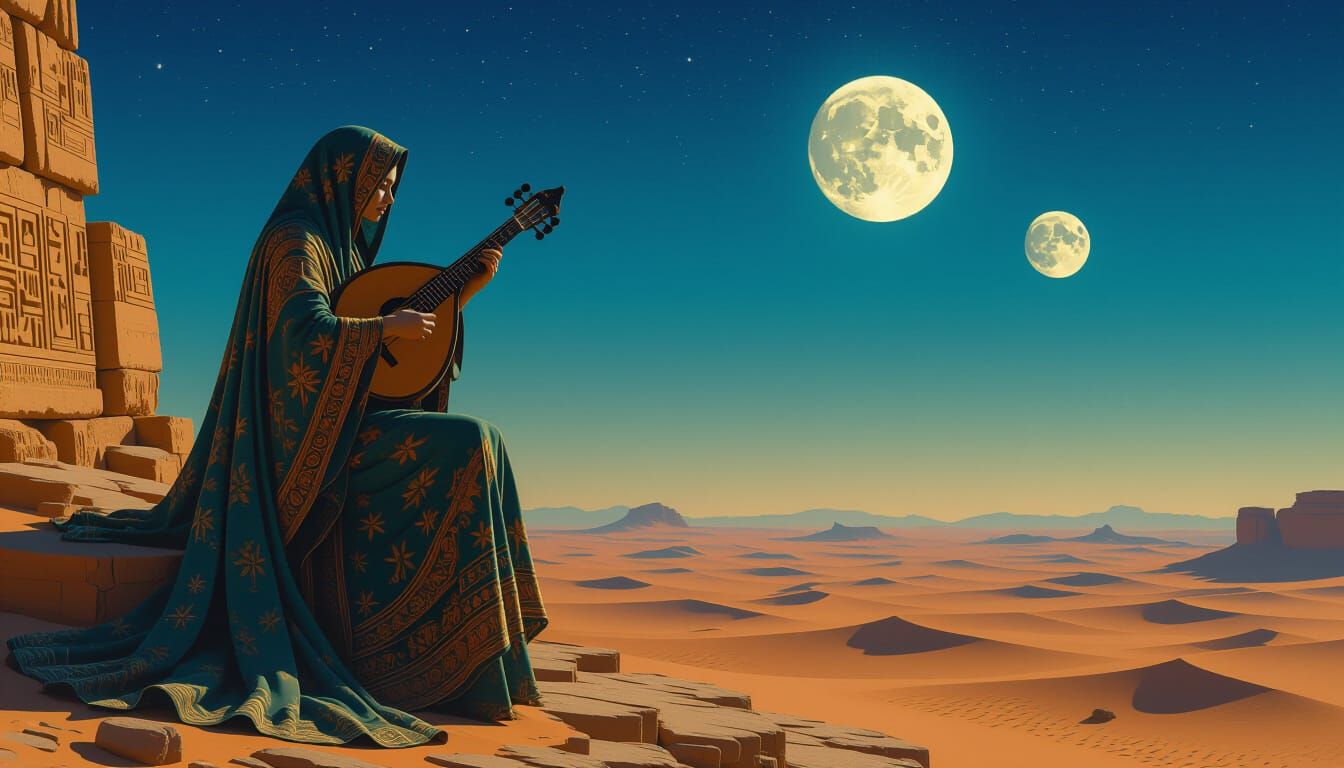 Nomad Woman Plays Music on Ancient Ruin Under Starry Desert ...