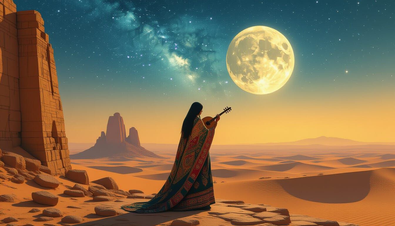 Nomad Woman Playing Music on Ancient Ruin Under Starry Sky