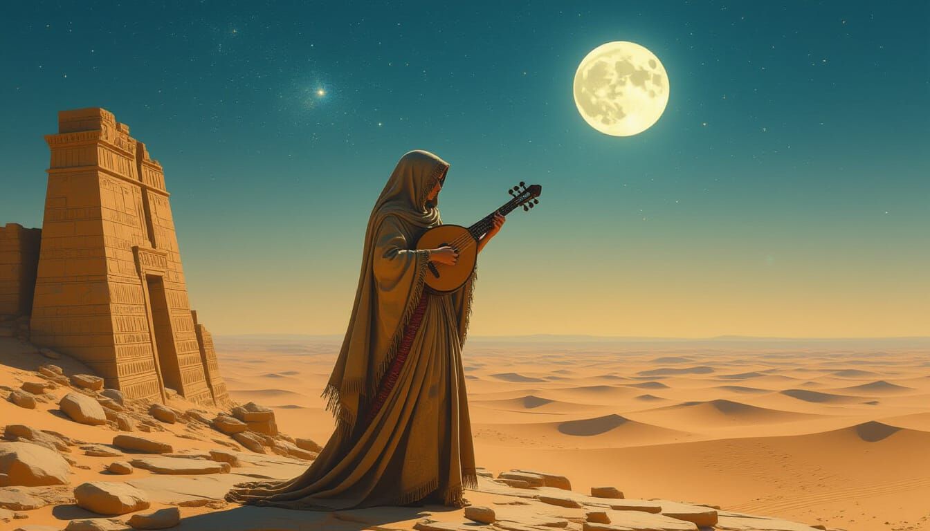Nomad Woman Plays Music on Ancient Ruin Under Starry Sky