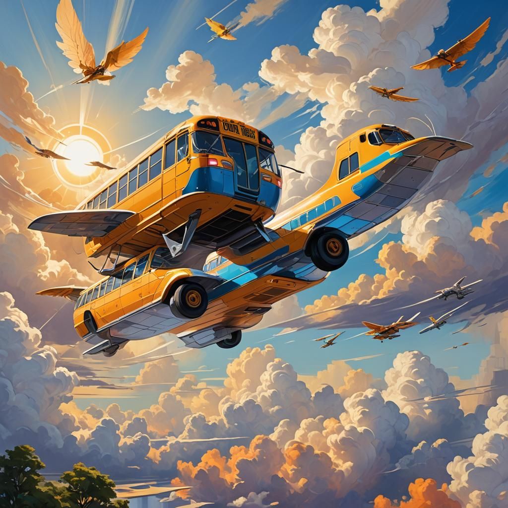 Flying School Bus: Vibrant Fantasy Concept Art