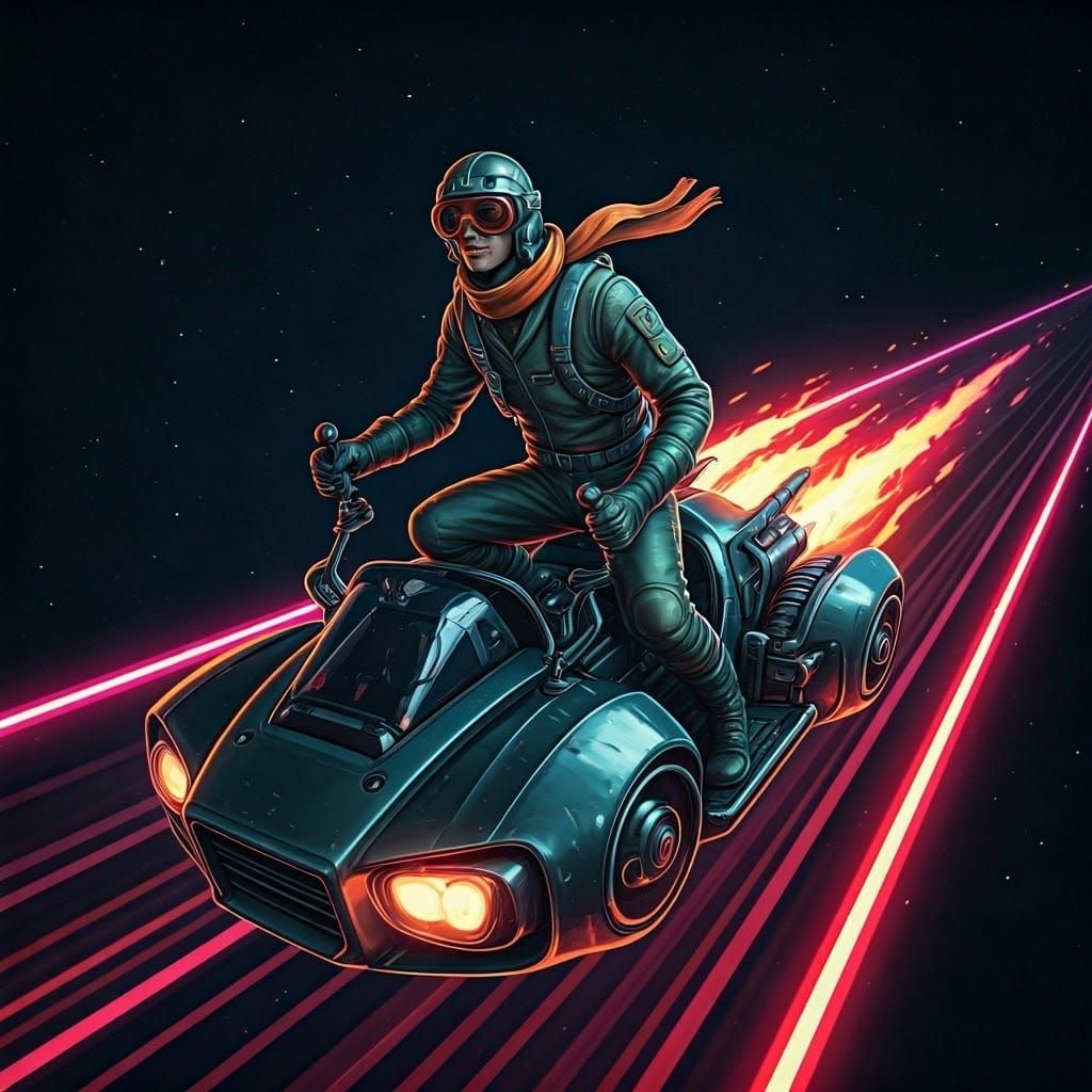 Pilot Speeds Across a Neon-Lit Cosmic Track