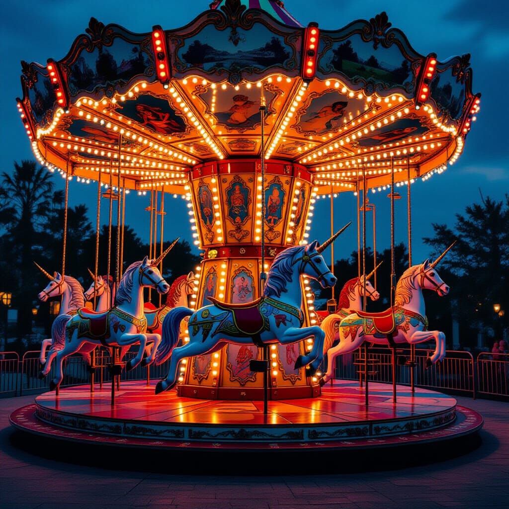 Mythical Creatures Carousel in Cosmic Splash Art Style