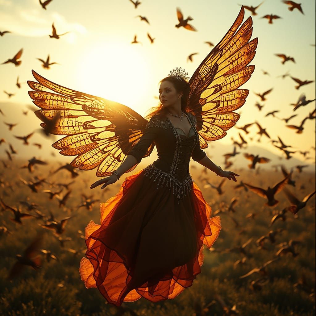 Steampunk Princess Soars with Intricate Wings in Golden Ligh...