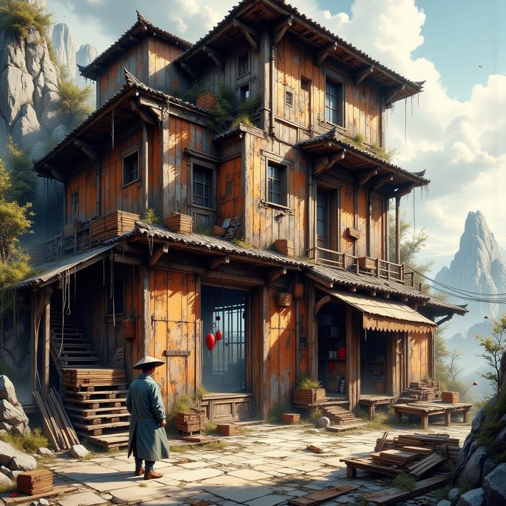 Towering Wooden Building with Red Windows