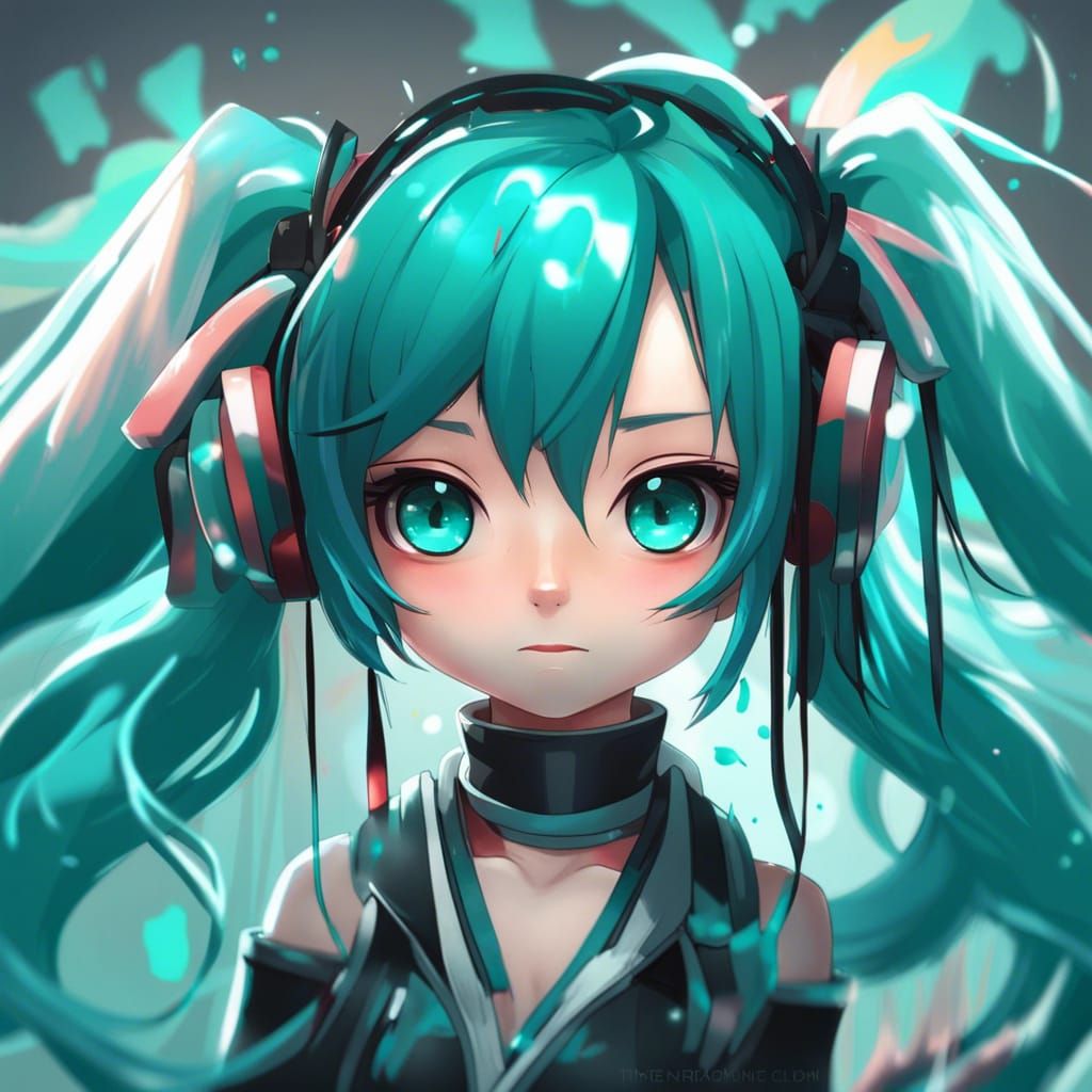 Black-Haired Chibi Hatsune Miku Portrait in Art Nouveau Styl...