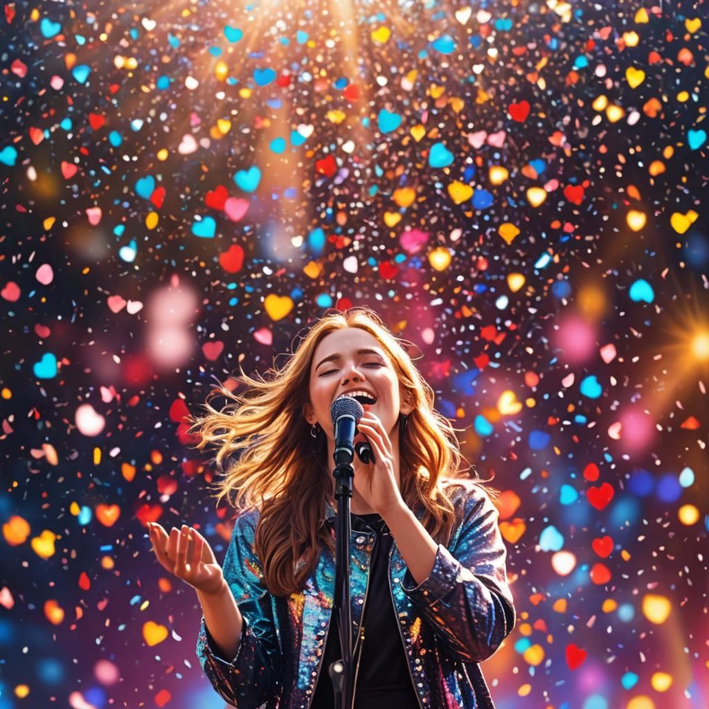 Girl Singing on Stage with Diamonds and Hearts