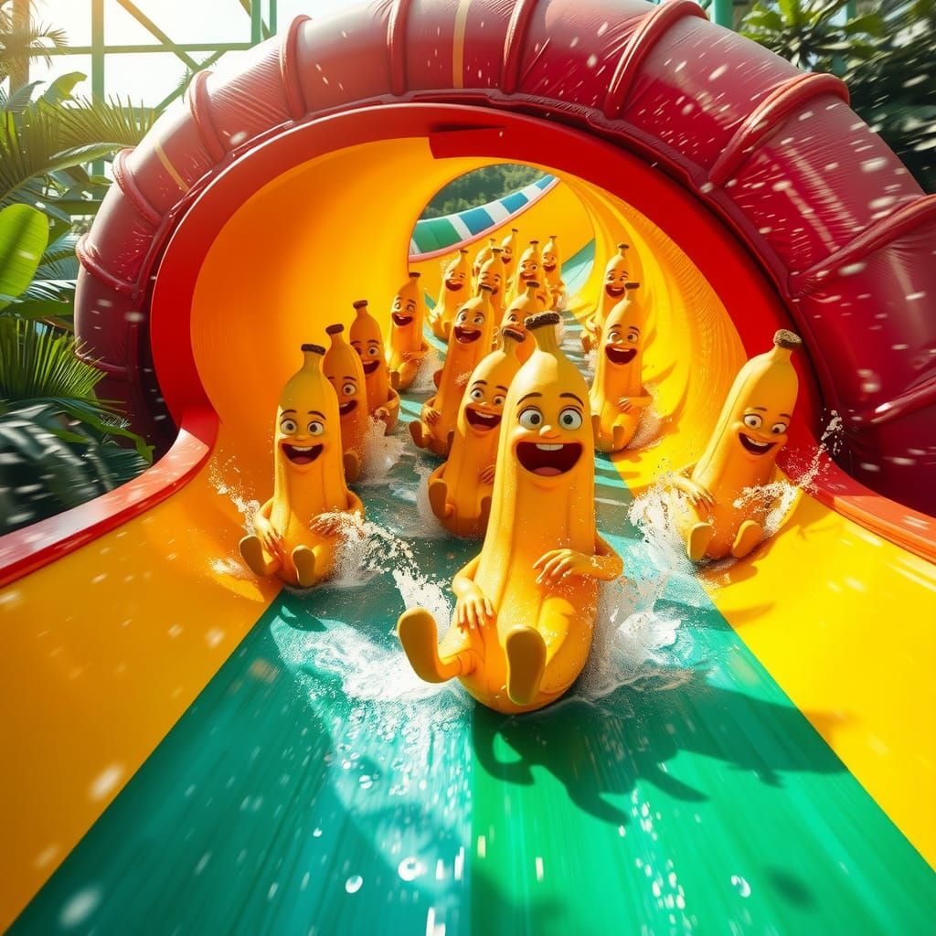 Bananas Race Down a Water Slide in Animated Style
