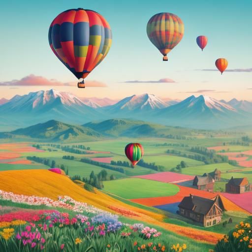 Hot Air Balloon Waving in Spring Landscape