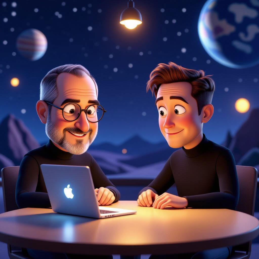 Steve Jobs and Elon Musk in Pixar Style
