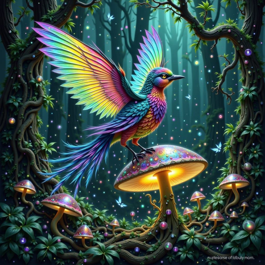 Vibrant Bird on Iridescent Mushroom in Mystical Forest