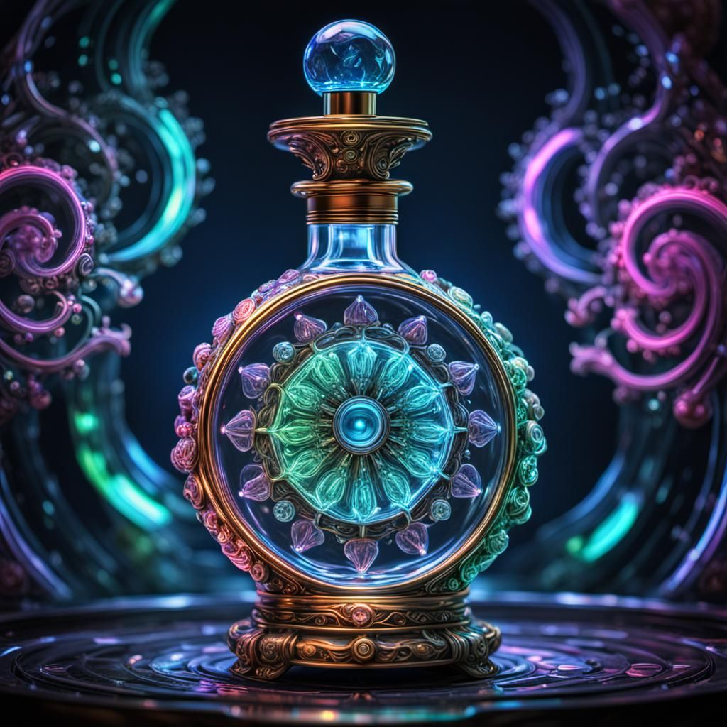 Steampunk Crystal Perfume Bottle with Neon Liquid