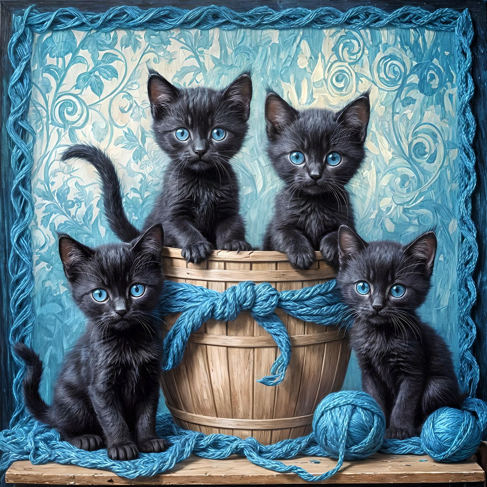 Black Kittens in Blue Yarn Room: Vintage Oil Painting