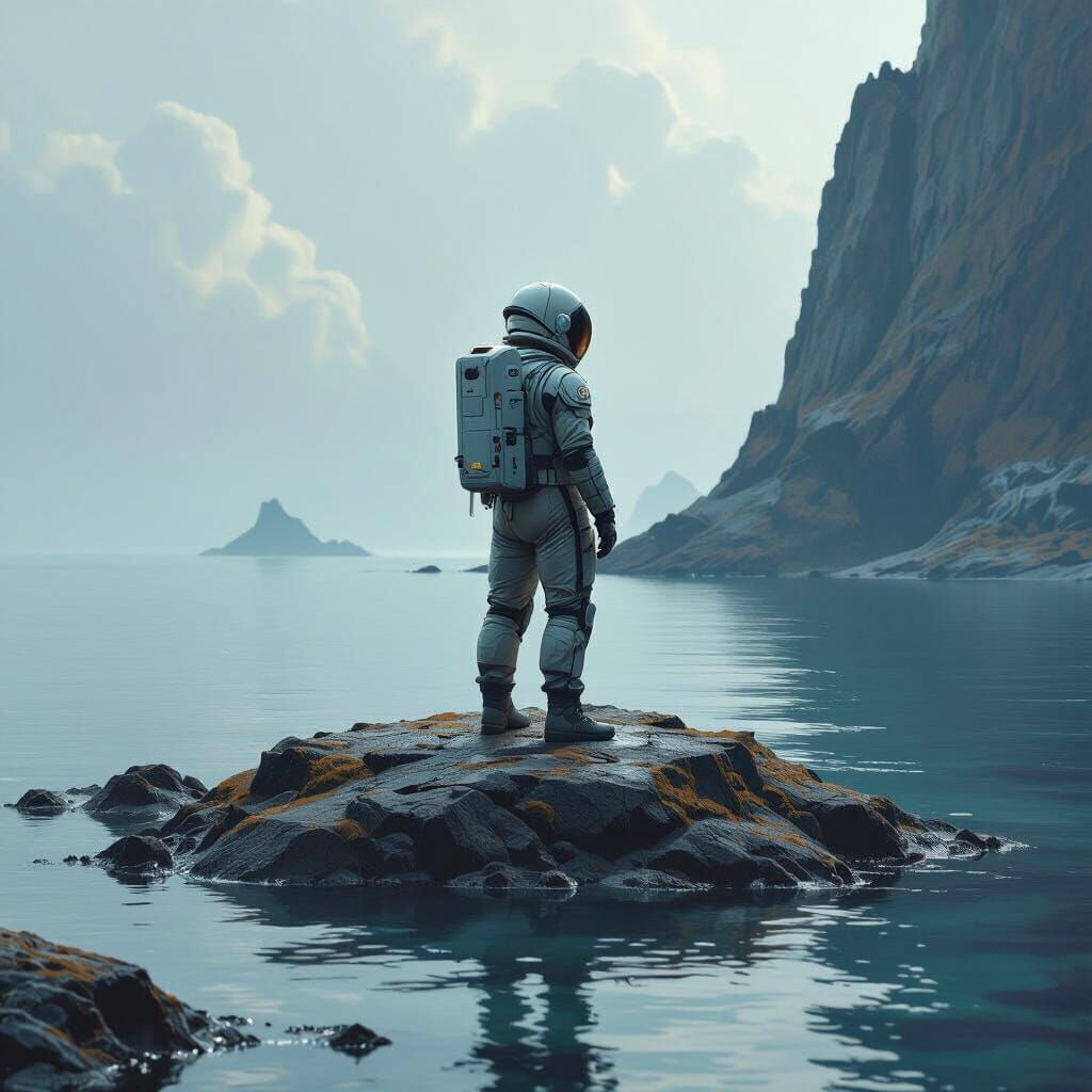 Astronaut on Rocky Island: Futuristic Realism