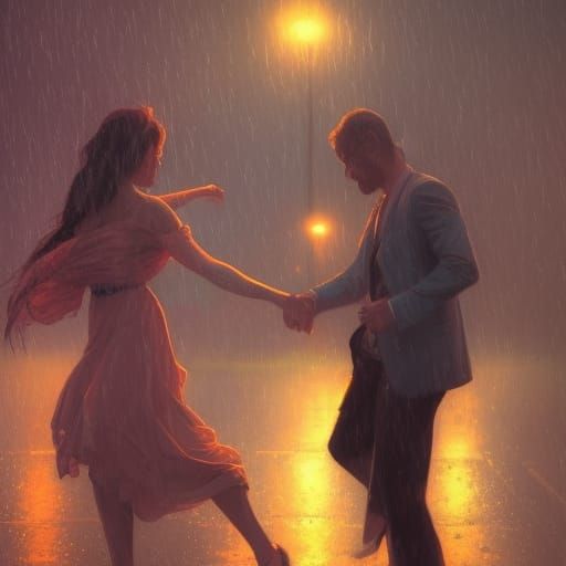 Romantic Couple Dancing in Rain, Detailed Concept Art