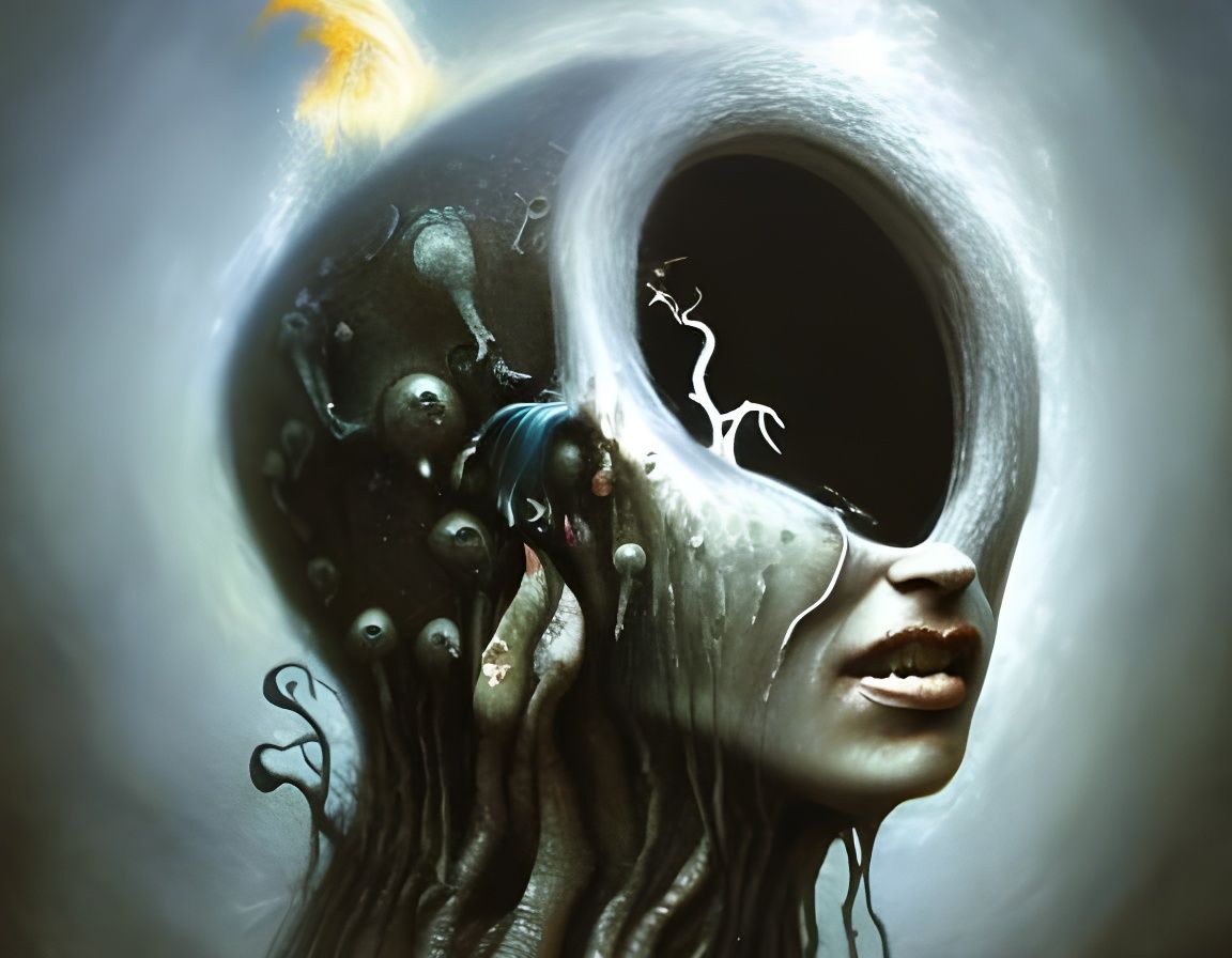 Surreal Dark Head Illustration in Photorealistic Style