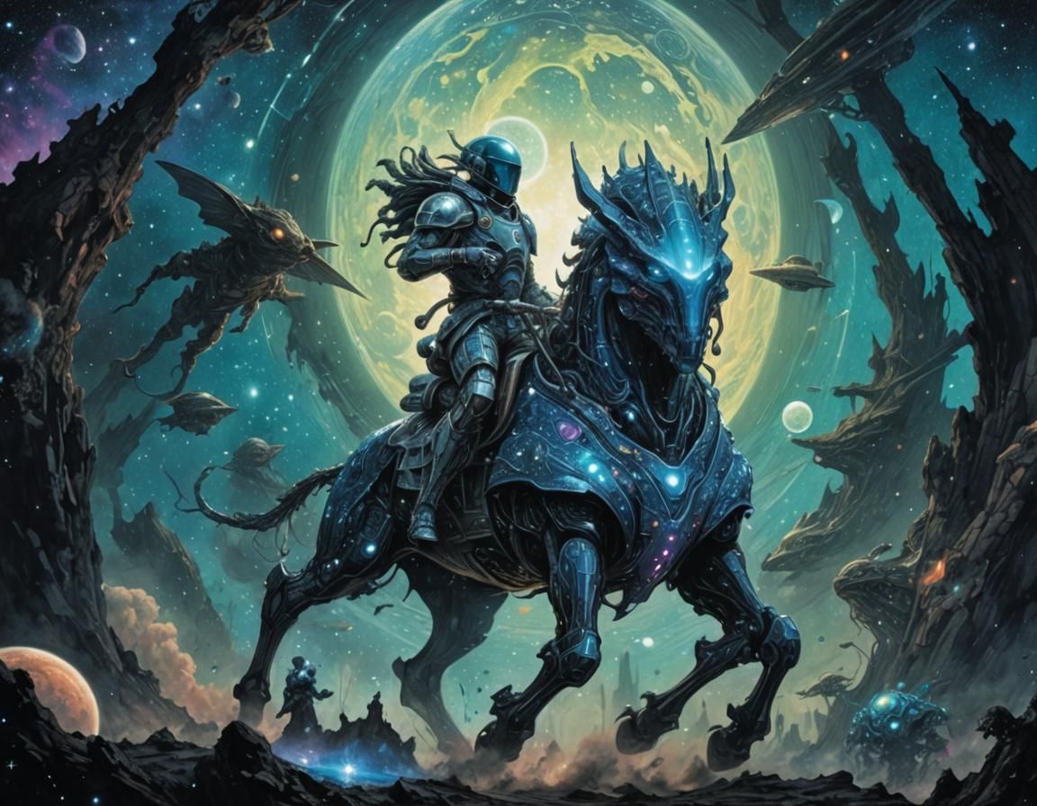 Alien Knight Rides Creature in Space Illustration