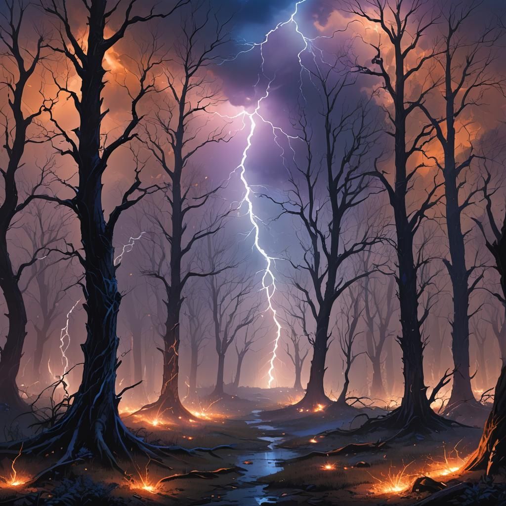Lightning Illuminates Mystical Forest in Fantasy Landscape