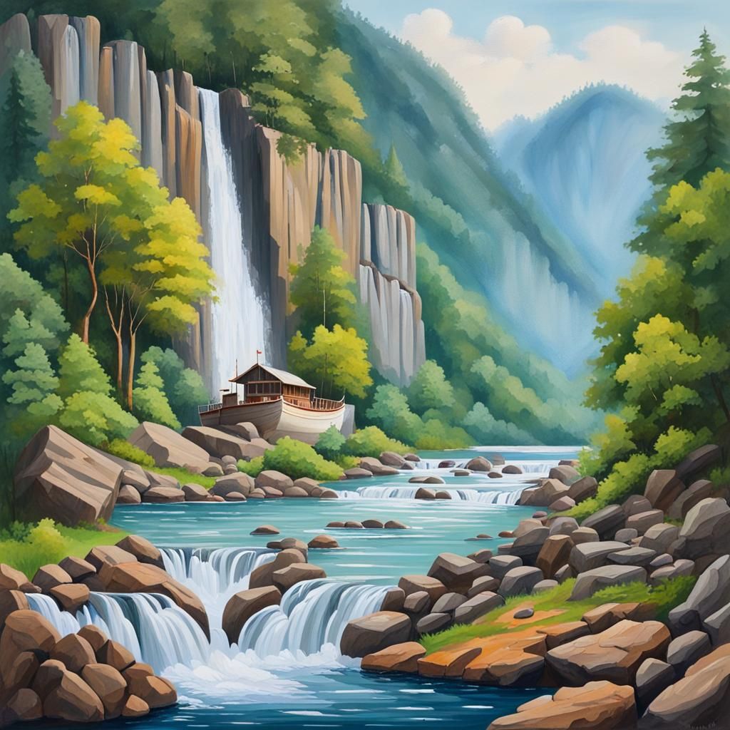 Gouache Painting of Waterfall Landscape with Ship