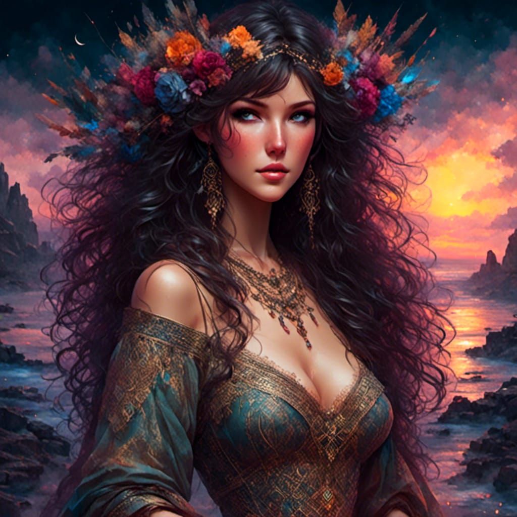 Anime Woman in Sunset, Detailed Color Sketch