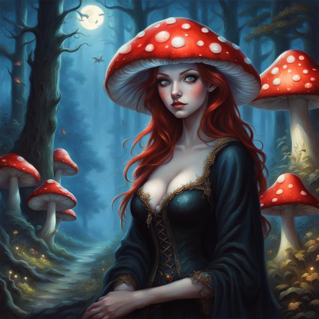 Anime Mushroom Woman in Magic Forest