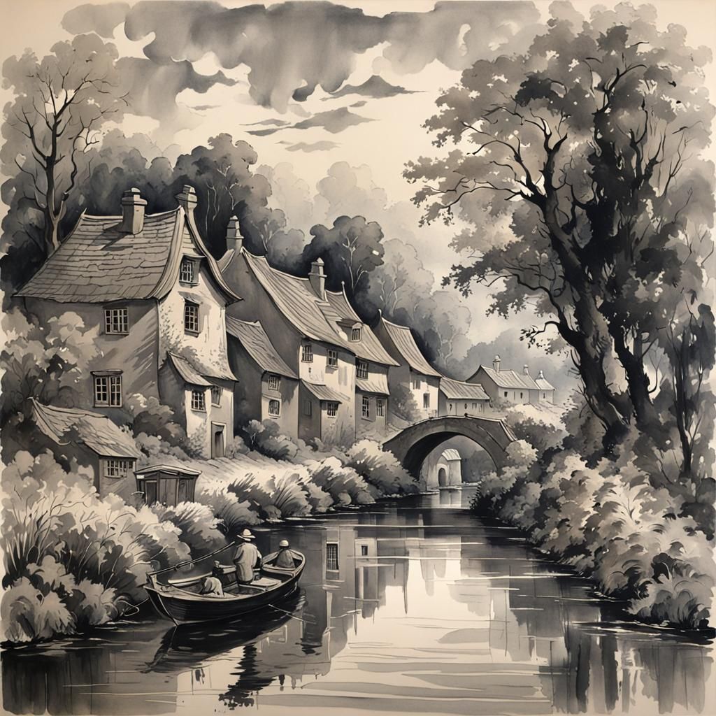 Monochromatic Village River: Ink Wash Style